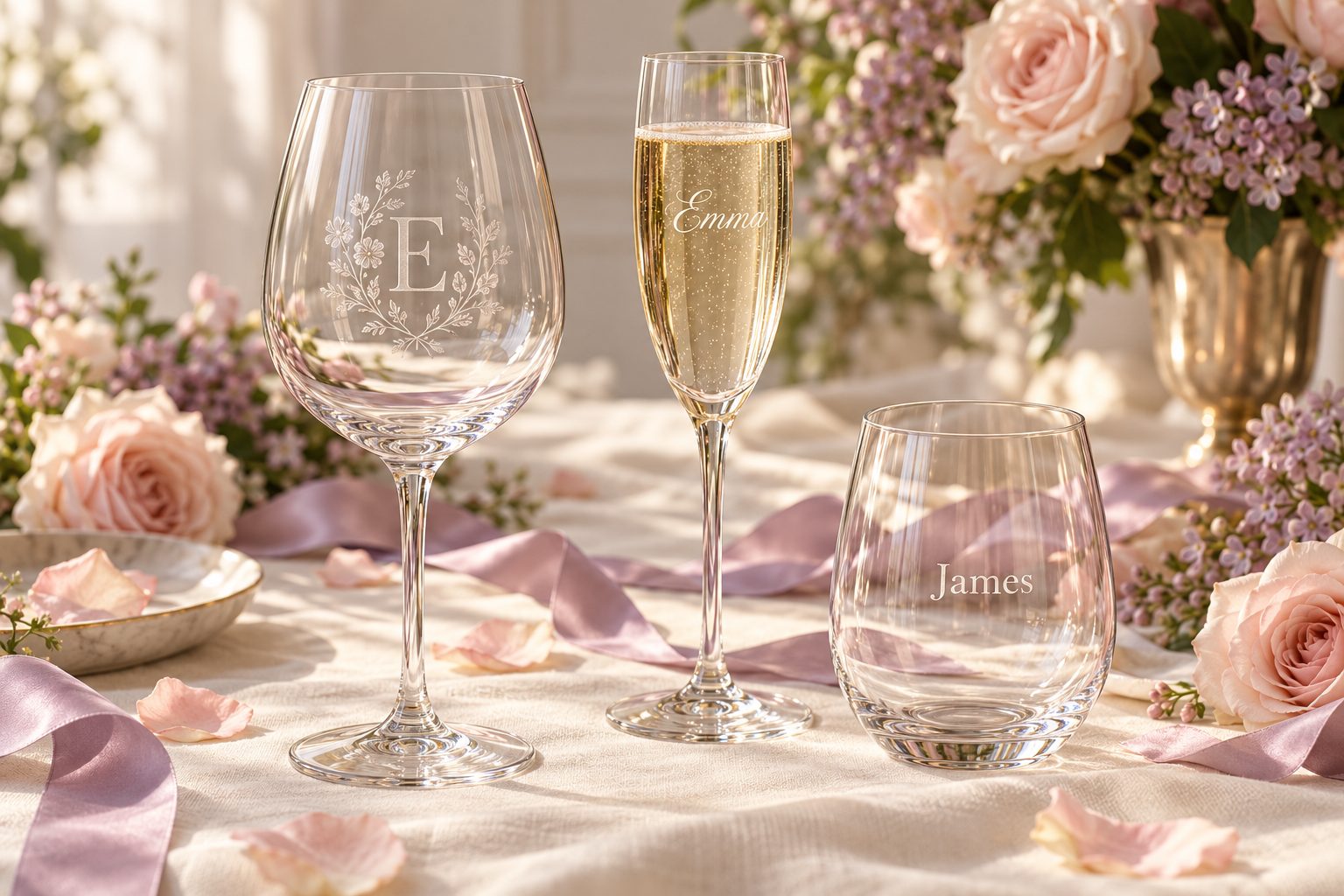 Stemless wine glass, stemmed wine glass and champagne flute