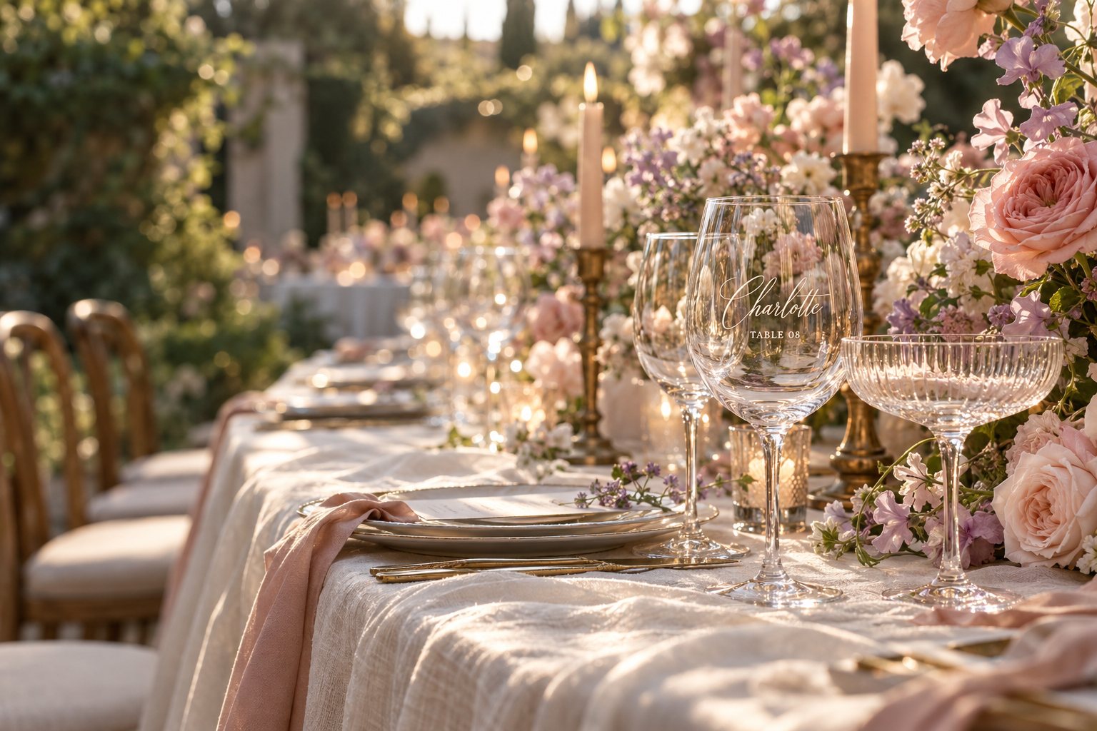 Illustrative wedding table with personalized crystal glasses, blush roses and ivory linen